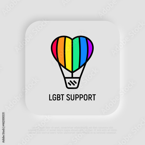 LGBT support thin line icon: aerostat with rainbow balloon in heart shape. Modern vector illustration.