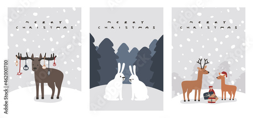 Set of Christmas cards of deer, moose, hare, rabbit family in the forest, snow time. Vector illustrations for winter holidays
