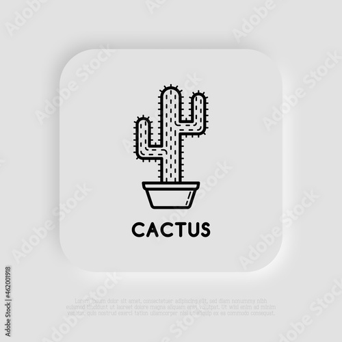 Cactus with prickles in pot thin line icon. Modern vector illustration of home plant.