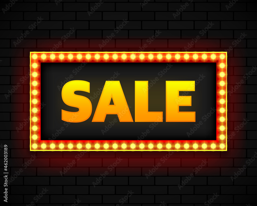 Obraz premium Blank lightbox on brick wall background. Text on the banner sale. Illuminated lightbox screen. Vector illustration.