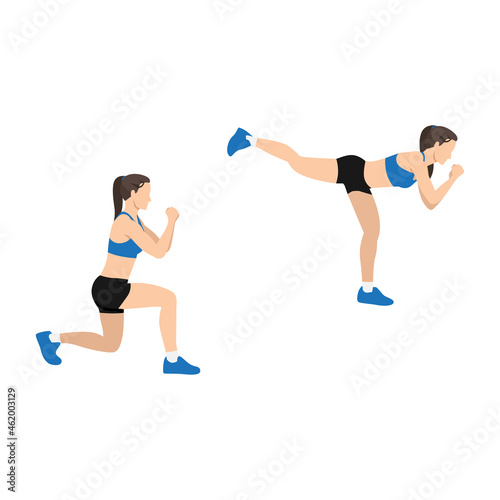 Woman doing Lunge back kick exercise. Flat vector illustration isolated on white background