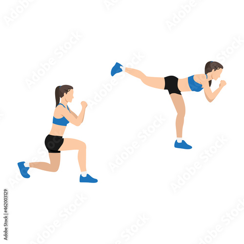 Woman doing Lunge back kick exercise. Flat vector illustration isolated on white background © lioputra