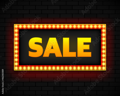 Blank lightbox on brick wall background. Text on the banner sale. Illuminated lightbox screen. Vector illustration.