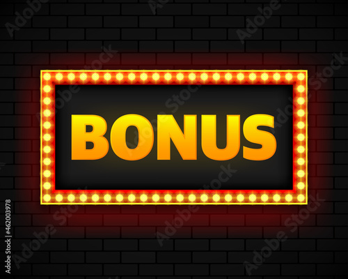 Blank lightbox on brick wall background. Text on the banner Bonus. Illuminated lightbox screen. Vector illustration.