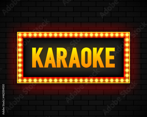 Blank lightbox on brick wall background. Text on the banner Karaoke. Illuminated lightbox screen. Vector illustration.