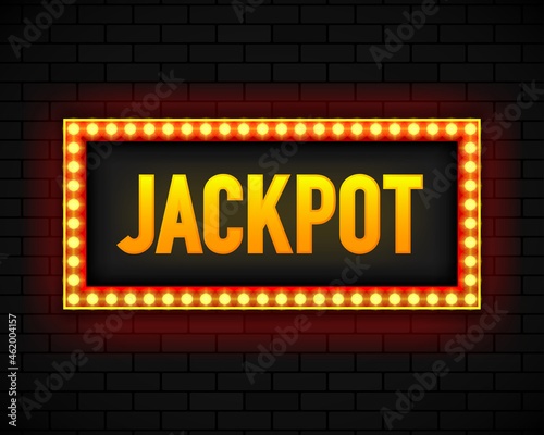 Blank lightbox on brick wall background. Text on the banner Jackpot. Illuminated lightbox screen. Vector illustration.