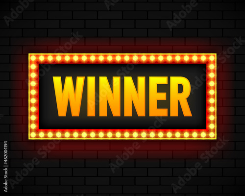 Blank lightbox on brick wall background. Text on the banner Winner. Illuminated lightbox screen. Vector illustration.