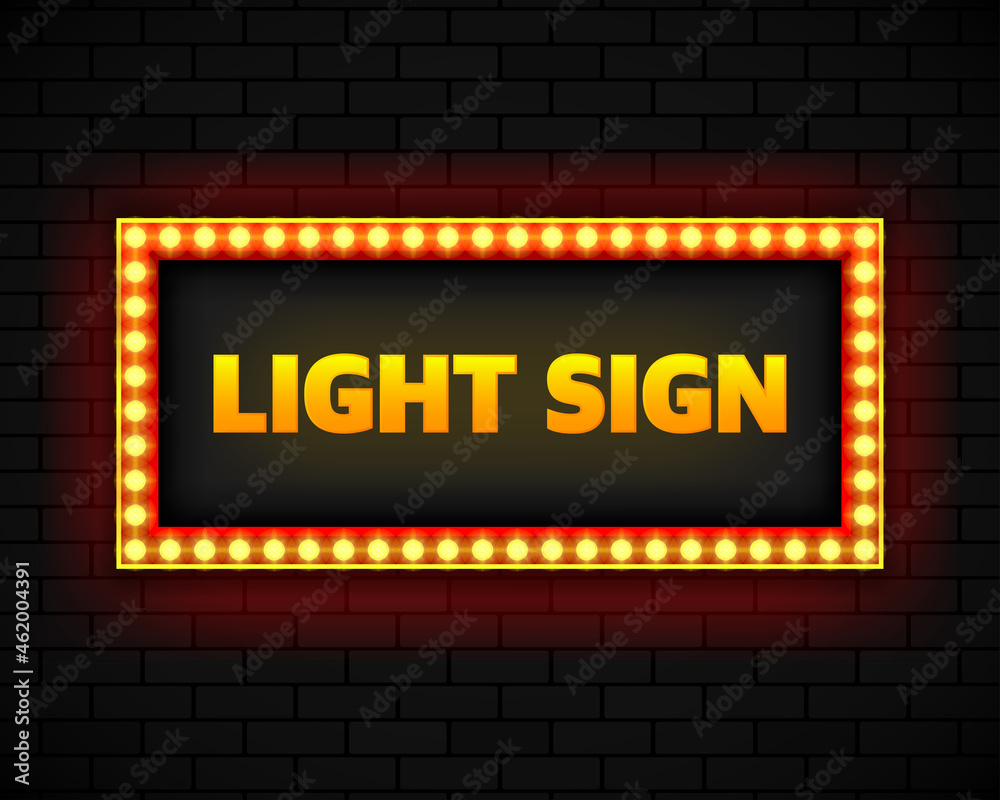 Obraz premium Blank lightbox on brick wall background. Text on the banner Light Sign. Illuminated lightbox screen. Vector illustration.