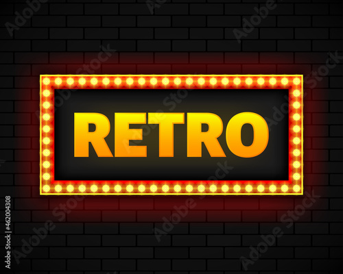 Blank lightbox on brick wall background. Text on the banner Retro. Illuminated lightbox screen. Vector illustration.