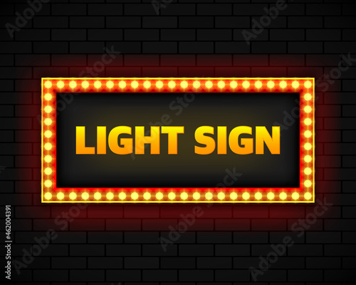 Blank lightbox on brick wall background. Text on the banner Light Sign. Illuminated lightbox screen. Vector illustration.