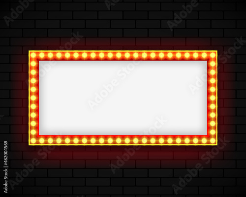 Blank lightbox on brick wall background. Illuminated lightbox screen with blank space for design. Vector illustration.
