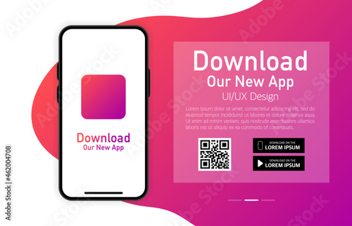 Download our app advertising banner. Phone mockup. App for mobile. UI and UX design. Vector illustration.