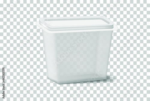 Transparent plastic caterer for food products (yoghurt, sour cream, cottage cheese, etc.) on a transparent background with realistic shadows. 3d Vector illustration.