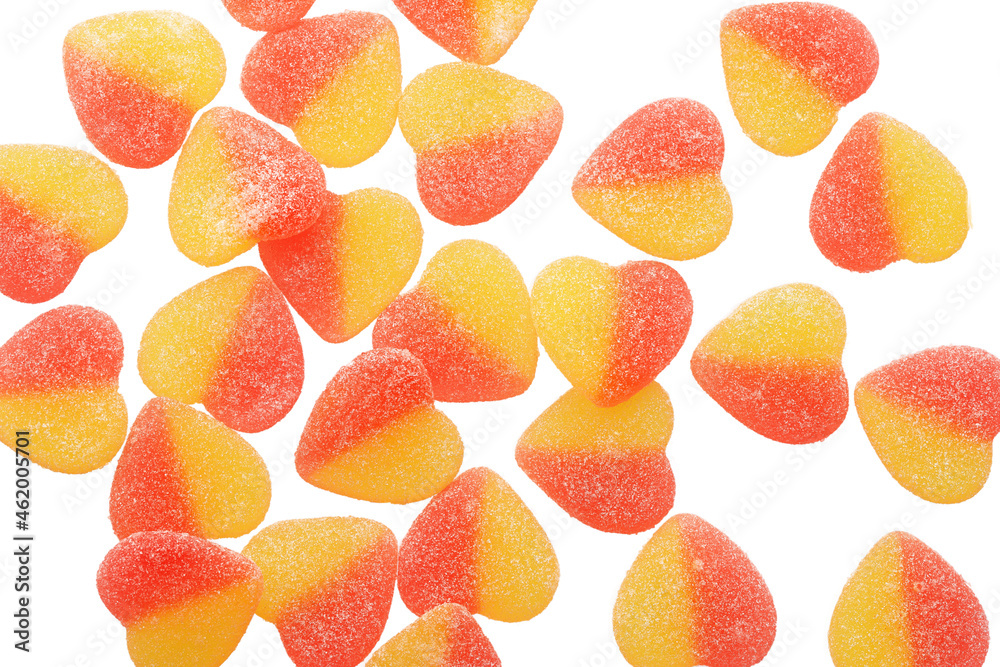 yellow and pink marmalade in the shape of hearts, sweets in sugar yellow and pink marmalade in the shape of hearts, sweets in sugar