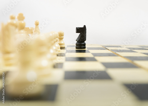 One person arranges white chess pieces on a wooden board. Brain-developing games
