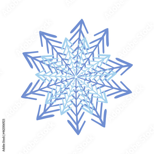 Blue snowflake on white background. Winter holidays design element. Vector illustration.