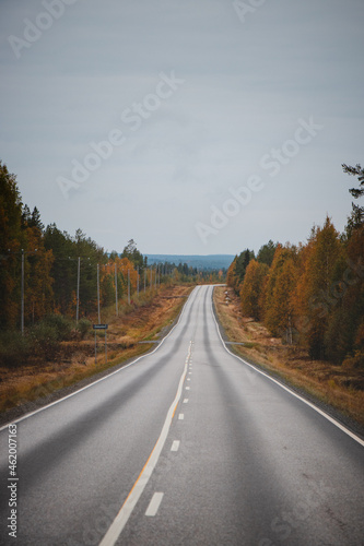 Road trip in the Kainuu region of Finland in autumn. Beautiful asphalt road surrounded by many leafy red-orange trees