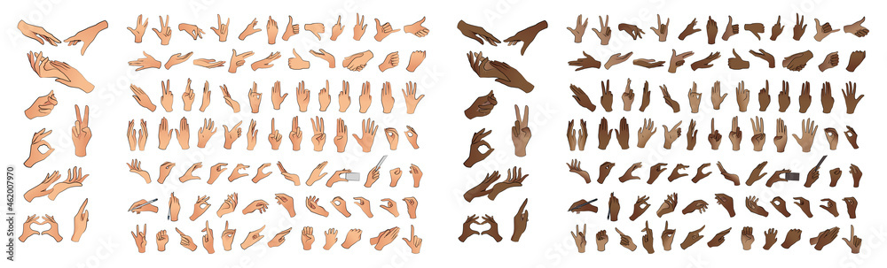 Set of hands in different gestures. Hands in various situations. Light skinned, African American, black hands.​ Vector illustration	