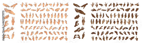 Set of hands in different gestures. Hands in various situations. Light skinned, African American, black hands.​ Vector illustration 