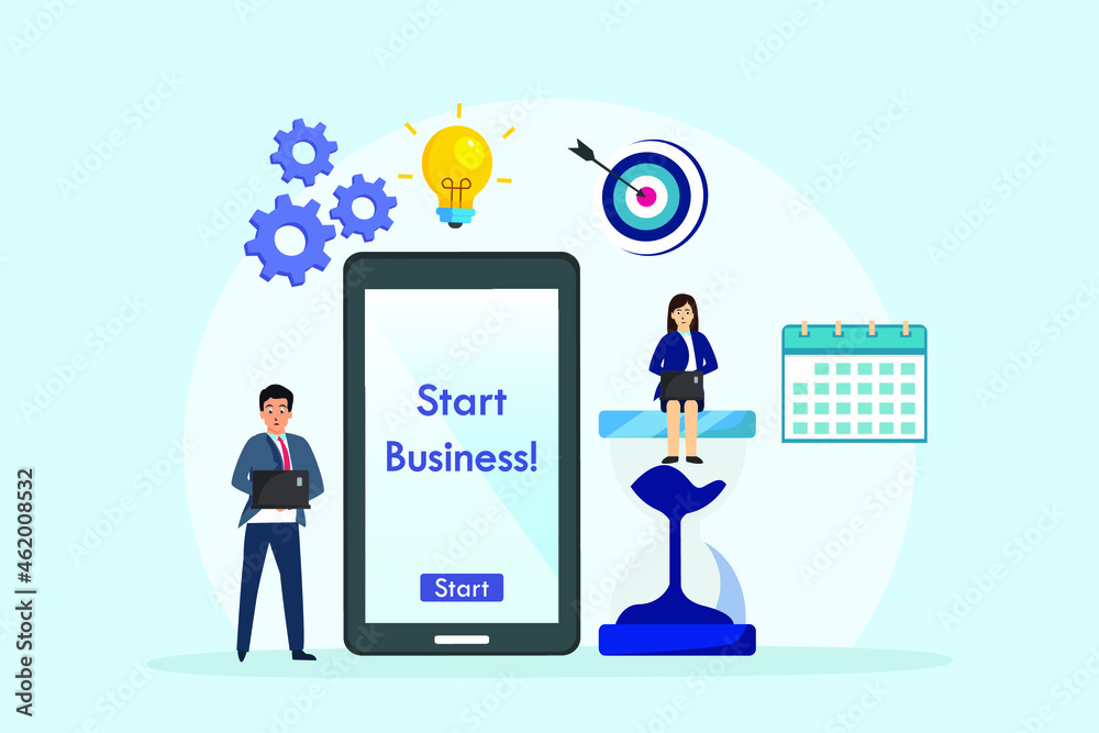 Start business vector concept. Two business people working together near the mobile phone screen with start business text Start business vector concept. Two business people working together near the mobile phone screen with start business text