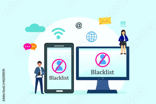 Blacklist vector concept. Two people sign in on the account with blacklist symbol while using digital device
