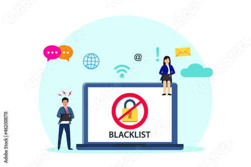 Blacklist vector concept. Two people using computer laptop with blacklisted internet site