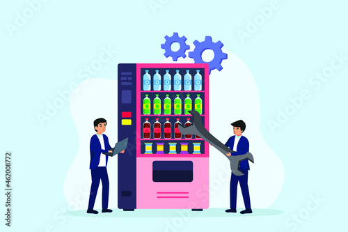Vending machine vector concept. Two technicians fixing vending machine with wrench and laptop