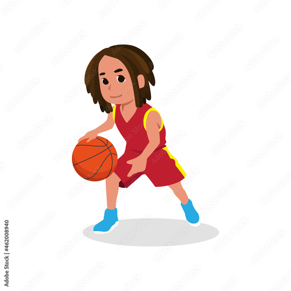 Basketball Player Child Set Vector. Poses. Leads The Ball. Sport Game Competition. Sport. Isolated Flat Cartoon Illustration