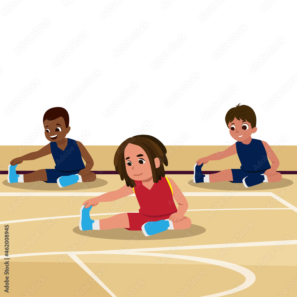 Fototapeta premium Illustration of kids in a basketball camp. Stretching His Right Leg During Exercise