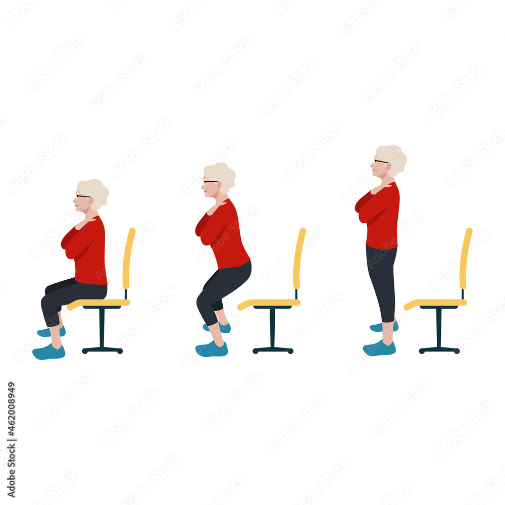 Old woman sit to stand exercise. Once standing, raise your head so you are looking forward and