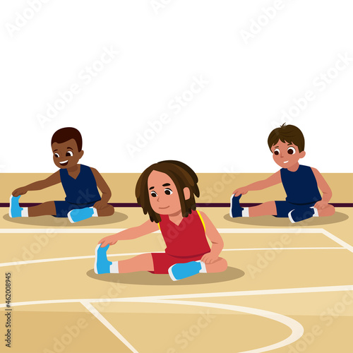Illustration of kids in a basketball camp. Stretching His Right Leg During Exercise