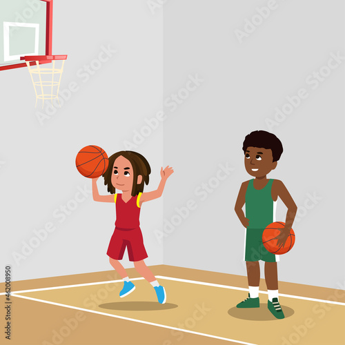 Basketball Player Child Set Vector. Poses. Leads The Ball. Sport Game Competition. Sport. Isolated Flat Cartoon Illustration