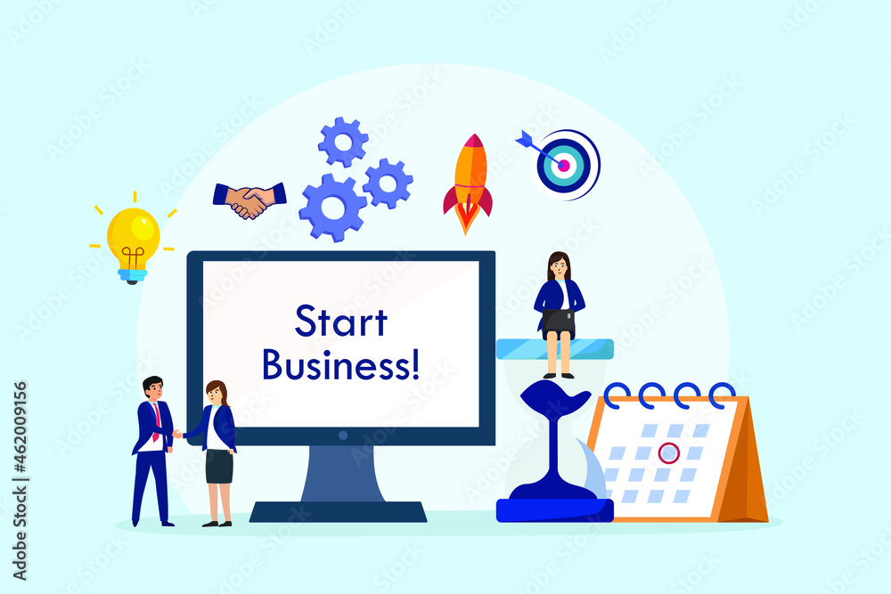 Start business vector concept. Group of business people working together near the mobile phone screen with start business text