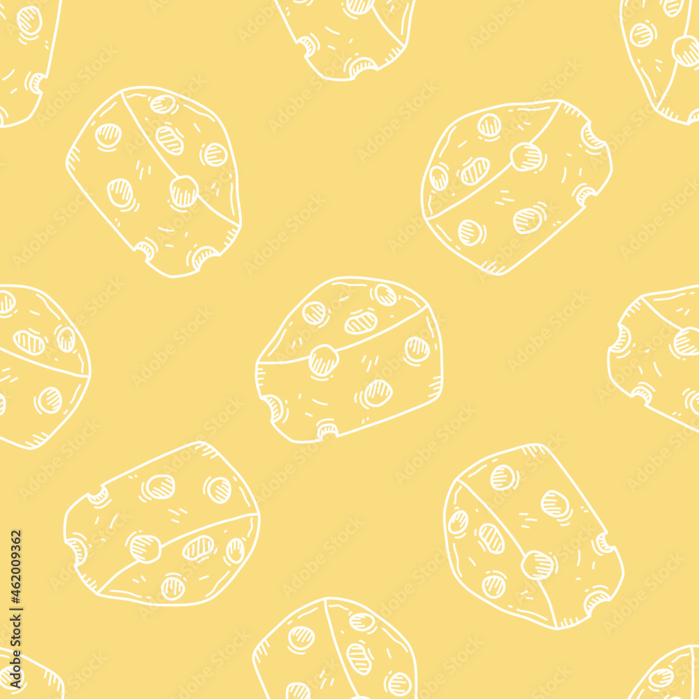 Illustration of white cheese seamless pattern on bright yellow background. Hand drawn vector Illustration of white cheese seamless pattern on bright yellow background. Hand drawn vector