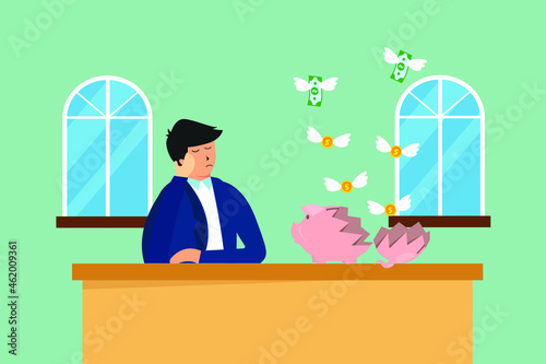 Young man looks stressed while breaking an empty piggy bank at home