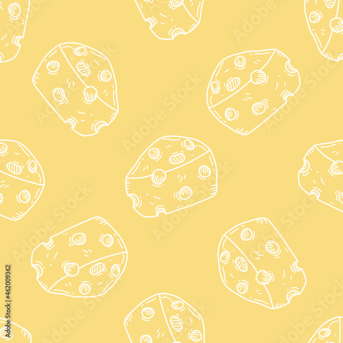 Illustration of white cheese seamless pattern on bright yellow background. Hand drawn vector