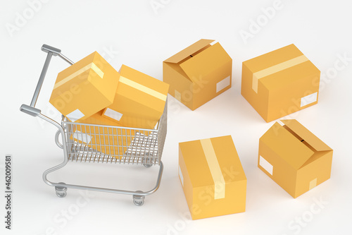 3d rendering cart and shopping box