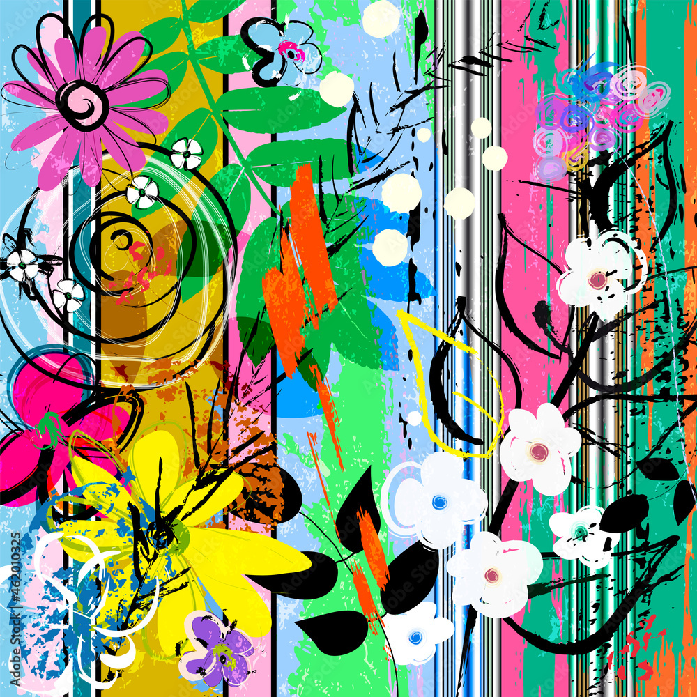 abstract background composition with flowers, paint strokes, splashes and geometric lines