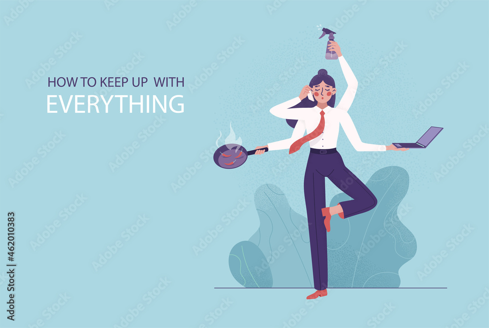 Busy woman with many hands. Lakshmi goddess doing everything. Multitasking businesswoman, housewife. Vector flat style illustration isolated. Super mom concept with very busy business and housework. Busy woman with many hands. Lakshmi goddess doing everything. Multitasking businesswoman, housewife. Vector flat style illustration isolated. Super mom concept with very busy business and housework.