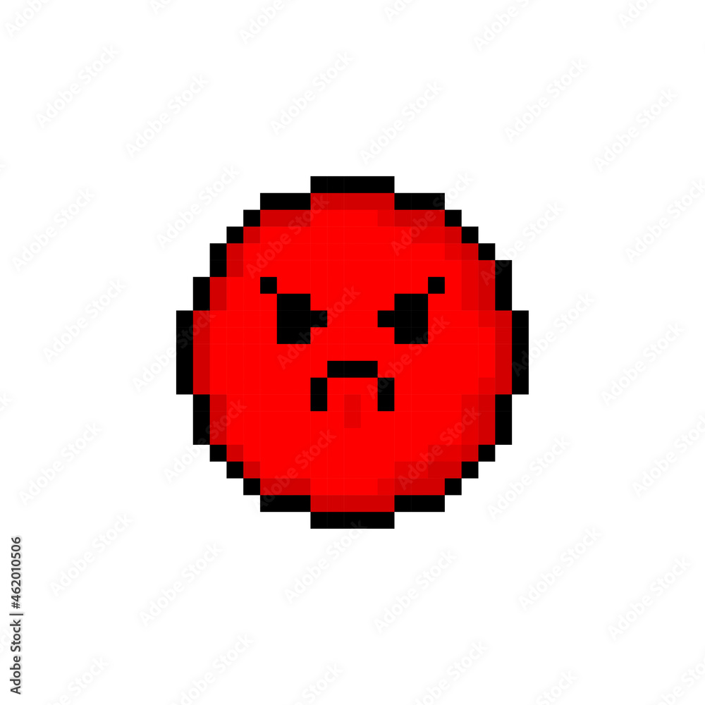 Pixel 8 bit yellow circle with smile. Isolated object on white background. Emotion sign. Vector illustration.