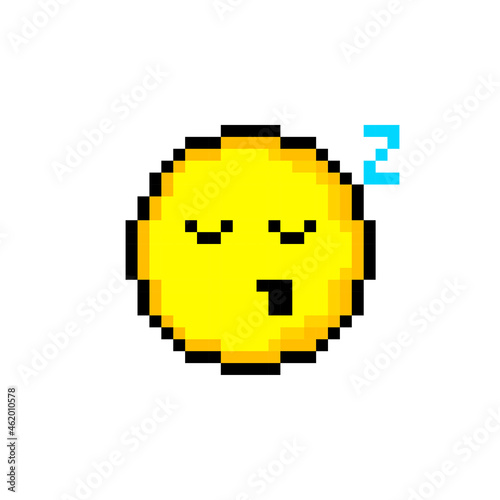 Pixel 8 bit yellow circle with smile. Isolated object on white background. Emotion sign. Vector illustration.