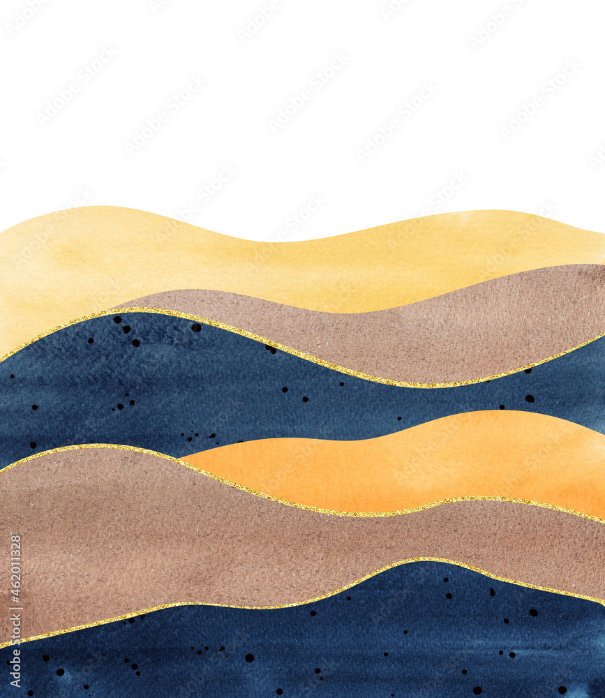 watercolor wavy mountains silhouette, background with hues of beige, indigo and golden shapes