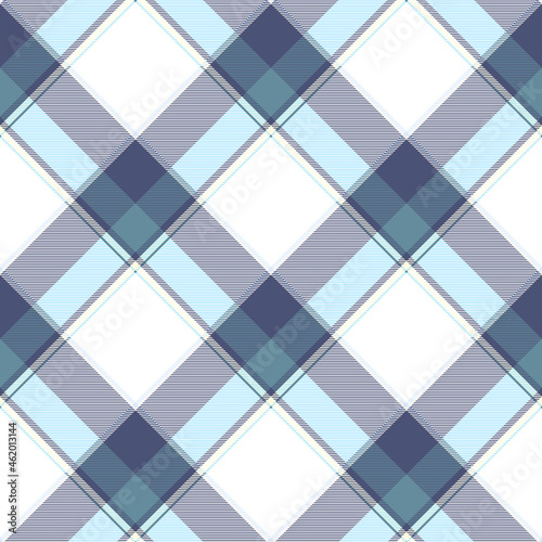 Seamless plaid check pattern in blue, teal, white, cream and beige. Diagonal repeat.