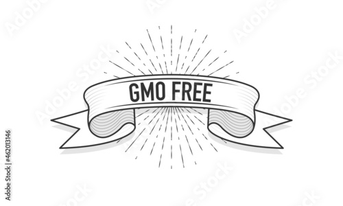 Ribbon with the inscription GMO Free. Old vintage ribbon banner in engraving style and light rays on the white background. Hand drawing. Vector illustration.