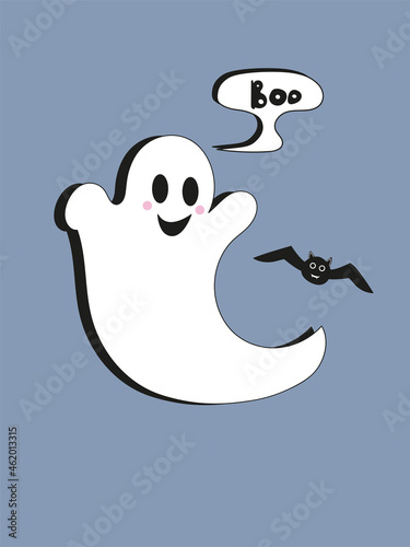 Illustration cute ghost with bats on an purple background. Flat style