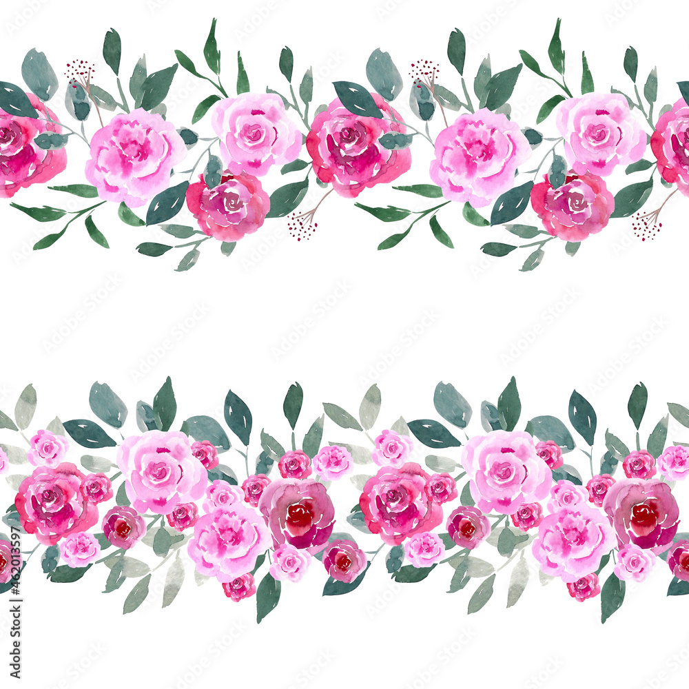 Watercolor seamless border of pink flowers with greenery. Floral designs to create lines, frames, borders and more