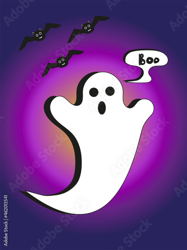 Hallowen card cute white ghost with bats on colorful purple background. Flat style
