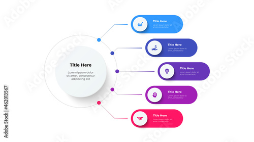 Central circle with five banners around it. Design concept of 6 steps or parts of business cycle. Infographic flow chart template. Business data visualization