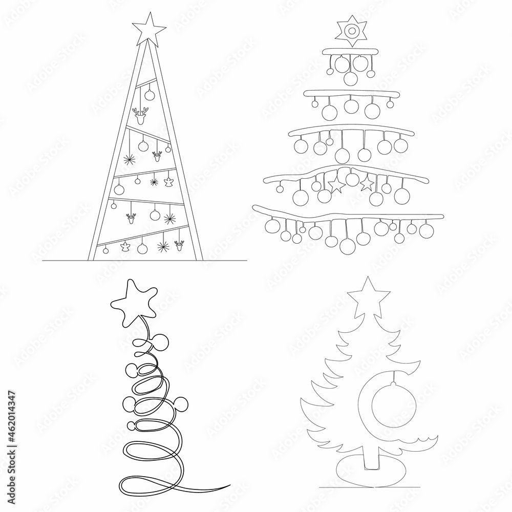 Fototapeta premium christmas trees drawing by one continuous line, vector