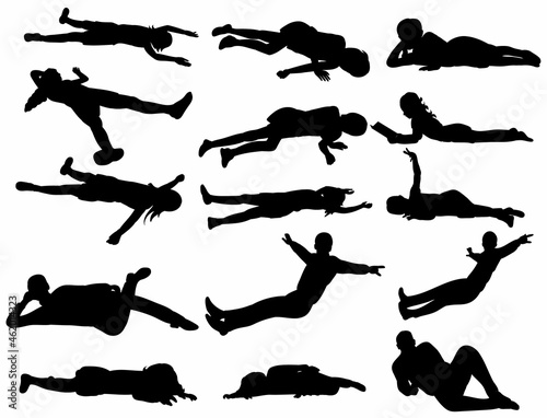 silhouette people lie set, on white background, vector